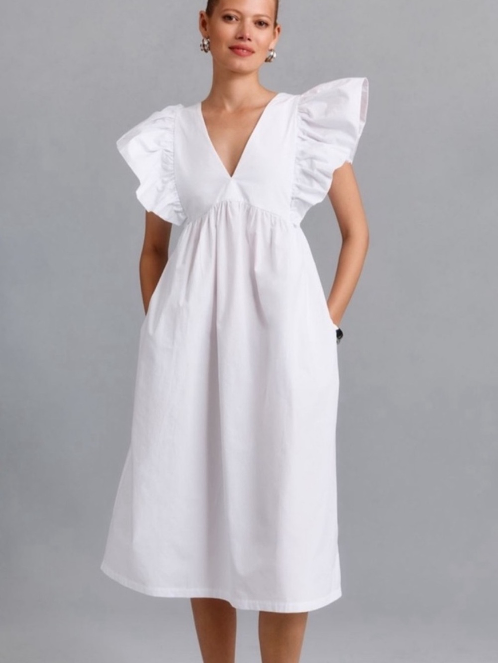 Anthropologie White V-Neck Ruffle Sleeve Midi Dress with Pockets